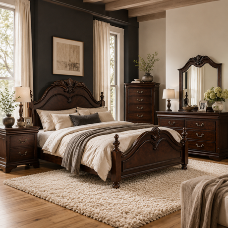A classic dark wood bed with an ornate carved headboard and footboard, styled in a cozy bedroom with beige and gray bedding, a matching dark wood nightstand, dresser, and mirror.