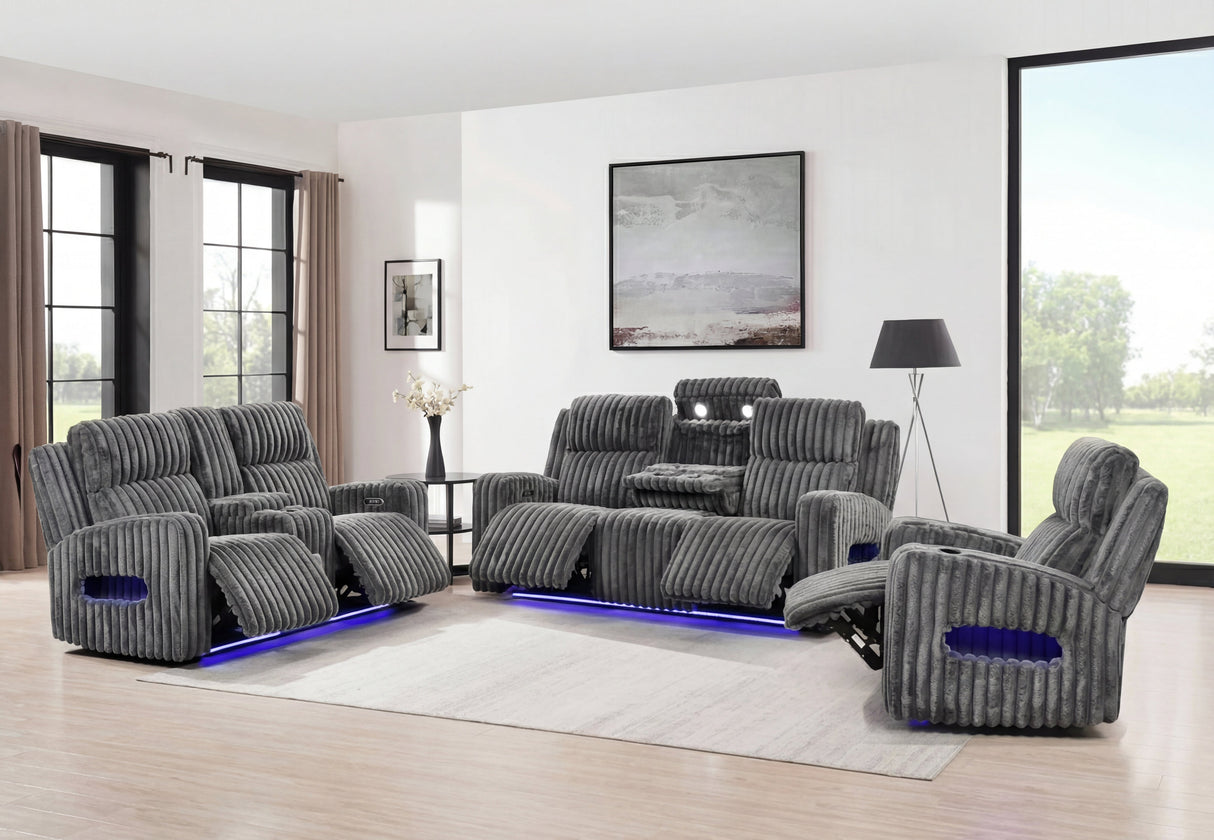Modern power reclining sofa with adjustable headrests in textured gray fabric