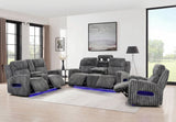Modern power reclining sofa with adjustable headrests in textured gray fabric