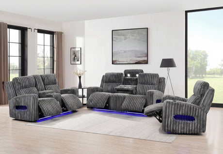 Modern power reclining sofa with adjustable headrests in textured gray fabric