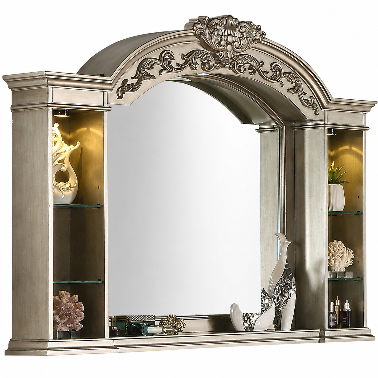 Luxurious Traditional Silver Ornate 5-Piece King Platinum Bedroom Furniture Set