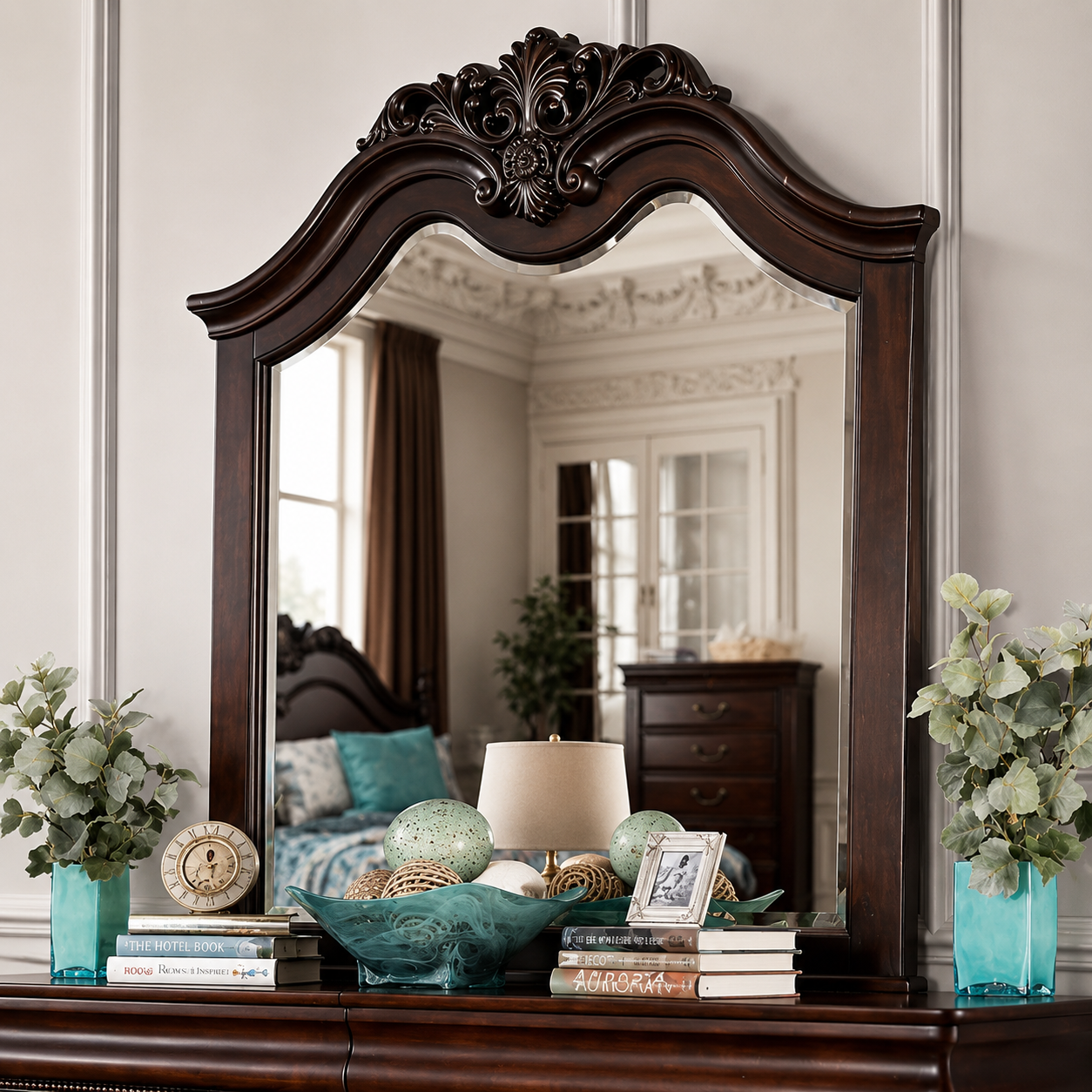 A large dark wood bedroom mirror with an ornate carved top frame, leaning on a matching wooden dresser in a styled bedroom setting.