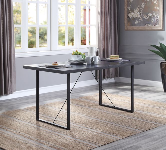 Nakula Industrial Dining Table - Metal Inset Top & Black Openwork Base in Gray Oak