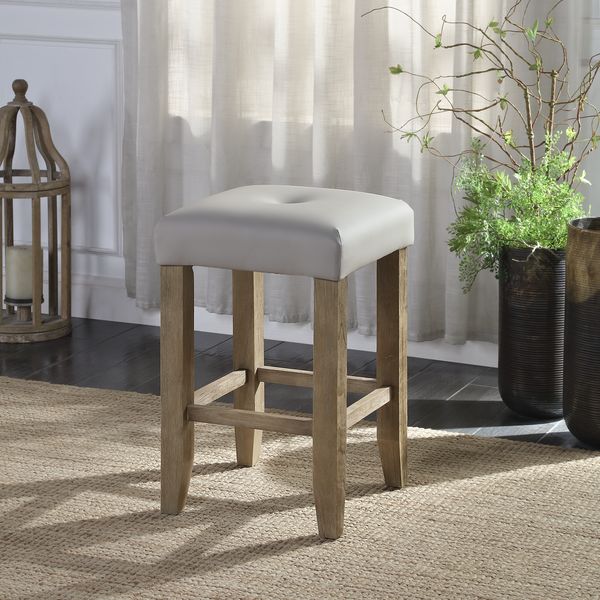 Charnell Counter Height Stools - Button Tufted Seats & Tapered Legs in Gray with Oak