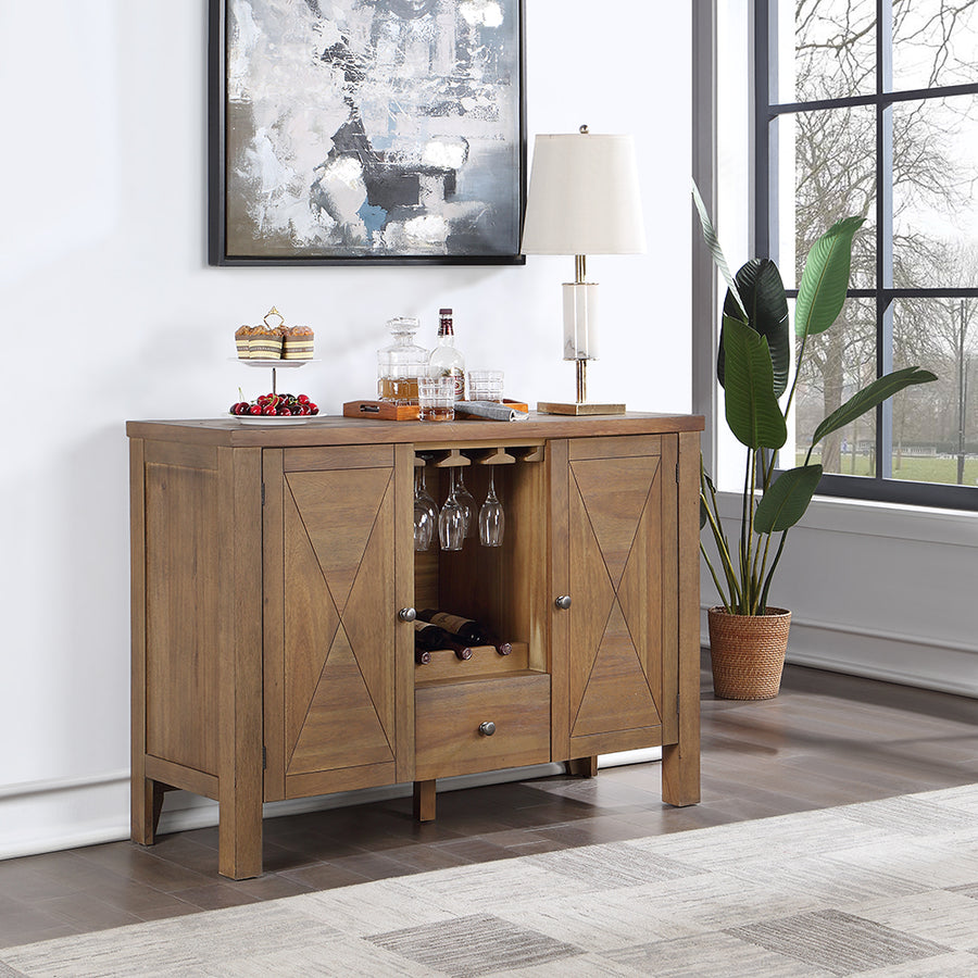 Pascaline Server - Wine Rack & Full-Extension Drawers in Rustic Brown & Oak