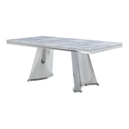 Destry Dining Table - Engineered Marble Top & Pedestal Base in Mirrored Silver