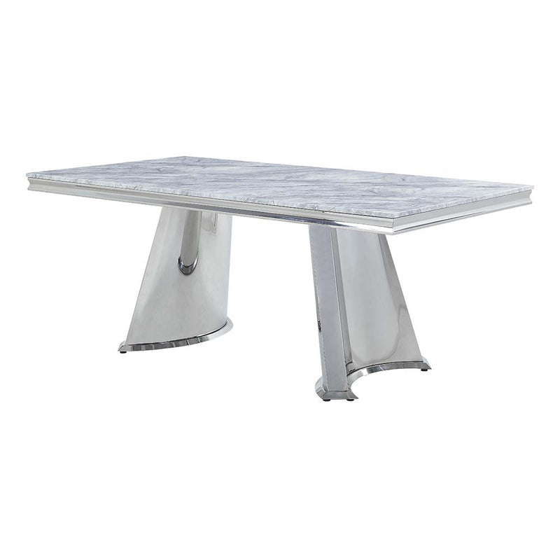 Destry Dining Table - Engineered Marble Top & Pedestal Base in Mirrored Silver