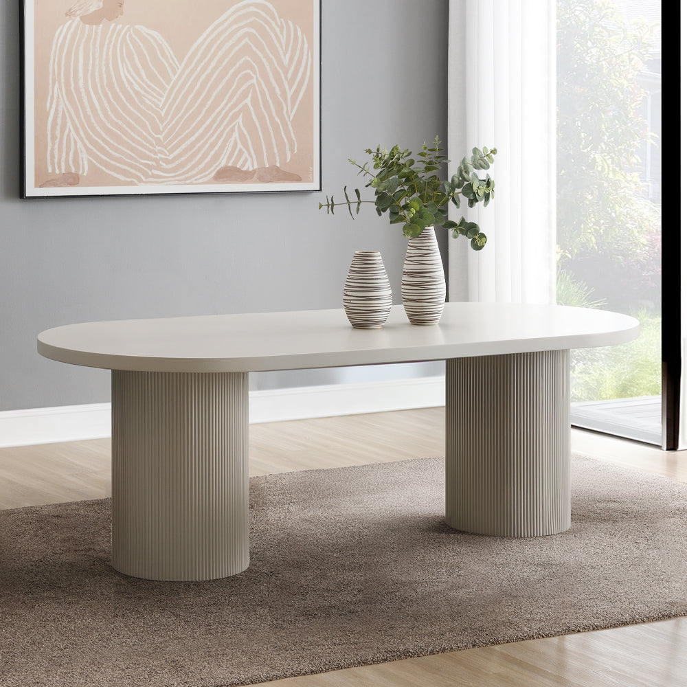 Laela Oval Double Pedestal Dining Table & Boucle Side Chairs in Bone White & Slate Blue