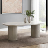 Laela Oval Double Pedestal Dining Table & Boucle Side Chairs in Bone White & Slate Blue