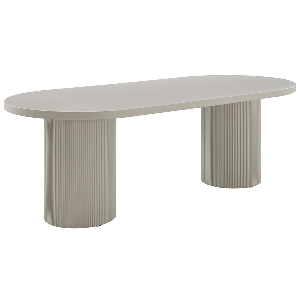 Laela Oval Double Pedestal Dining Table & Boucle Side Chairs in Bone White & Slate Blue
