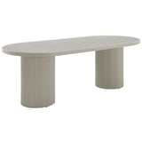Laela Oval Double Pedestal Dining Table & Boucle Side Chairs in Bone White & Slate Blue