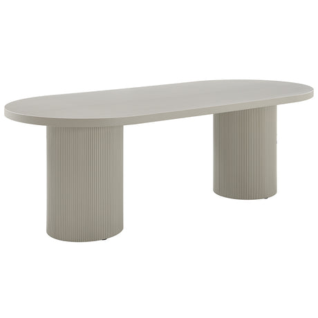 Laela Oval Double Pedestal Dining Table & Boucle Side Chairs in Bone White & Slate Blue
