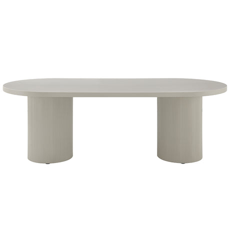 Laela Oval Double Pedestal Dining Table & Boucle Side Chairs in Bone White & Slate Blue