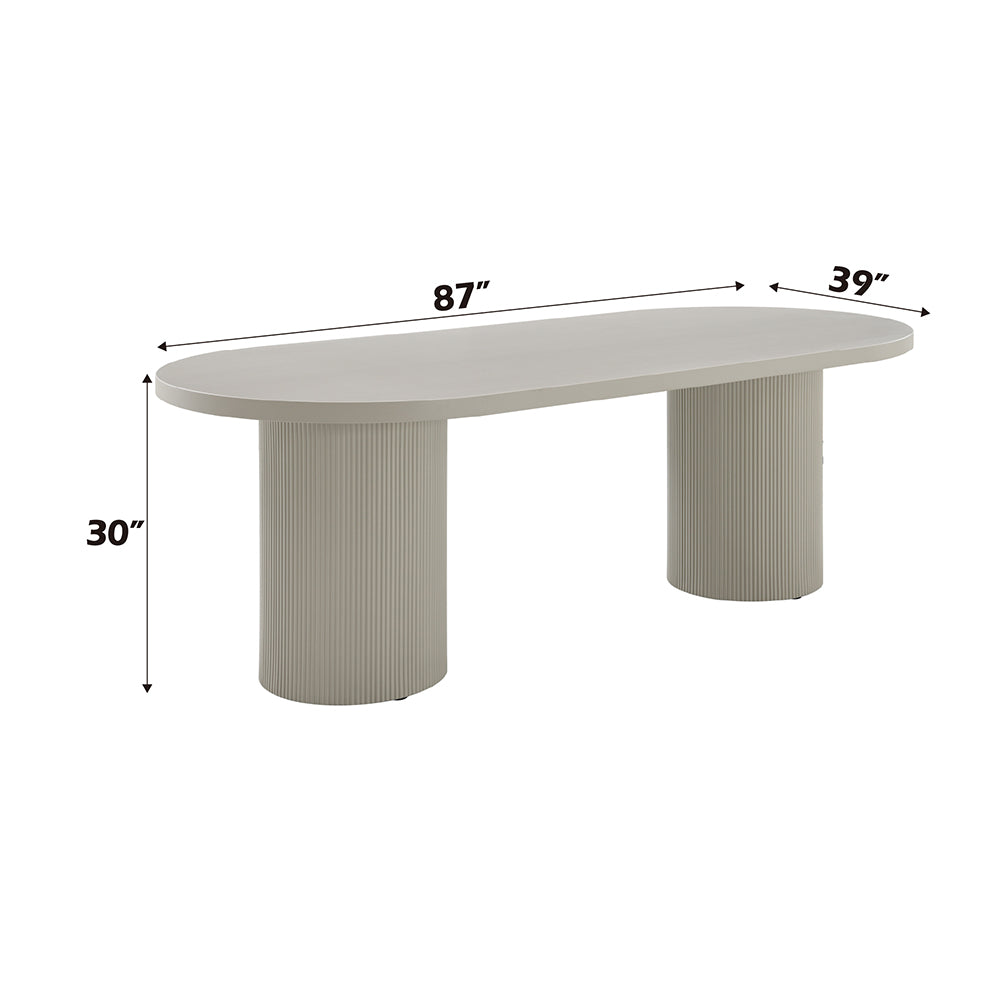 Laela Oval Double Pedestal Dining Table & Boucle Side Chairs in Bone White & Slate Blue
