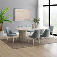 Laela Oval Double Pedestal Dining Table & Boucle Side Chairs in Bone White & Slate Blue