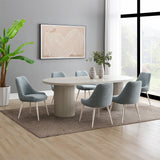 Laela Oval Double Pedestal Dining Table & Boucle Side Chairs in Bone White & Slate Blue
