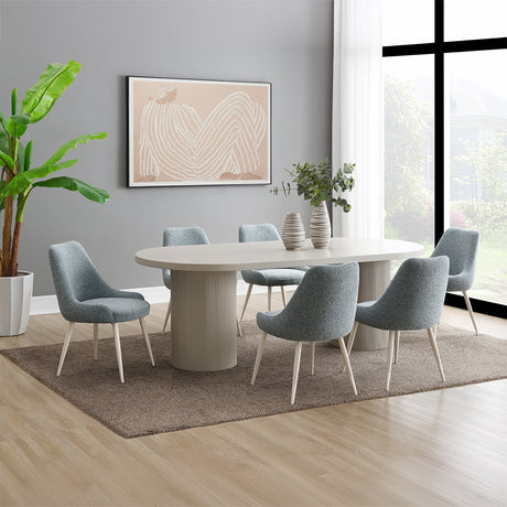 Laela Oval Double Pedestal Dining Table & Boucle Side Chairs in Bone White & Slate Blue
