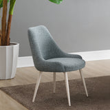 Laela Oval Double Pedestal Dining Table & Boucle Side Chairs in Bone White & Slate Blue