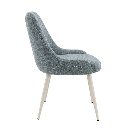 Laela Oval Double Pedestal Dining Table & Boucle Side Chairs in Bone White & Slate Blue
