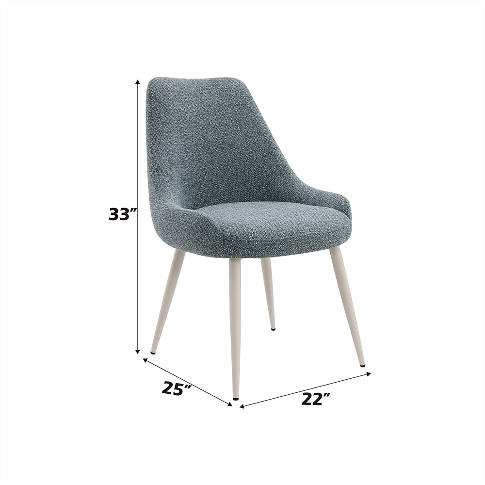 Laela Oval Double Pedestal Dining Table & Boucle Side Chairs in Bone White & Slate Blue