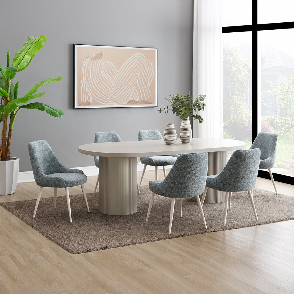 Laela Oval Double Pedestal Dining Table & Boucle Side Chairs in Bone White & Slate Blue