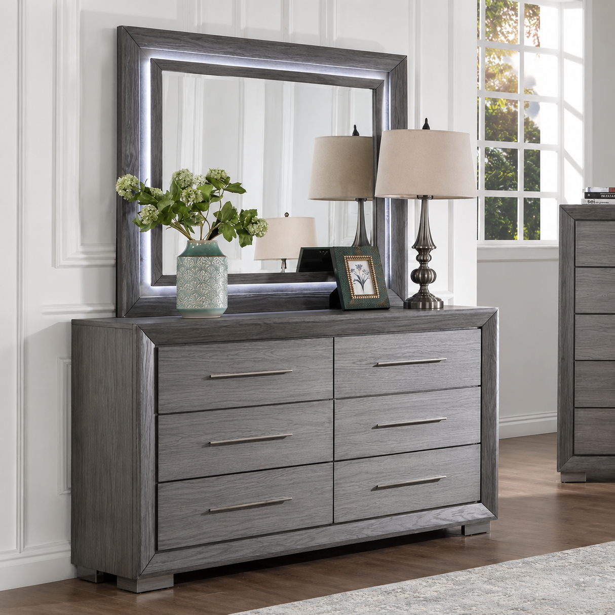 Raiden Queen Bedroom Set with Integrated LED Lighting and USB Charging - Transitional & Brushed Gray Finish