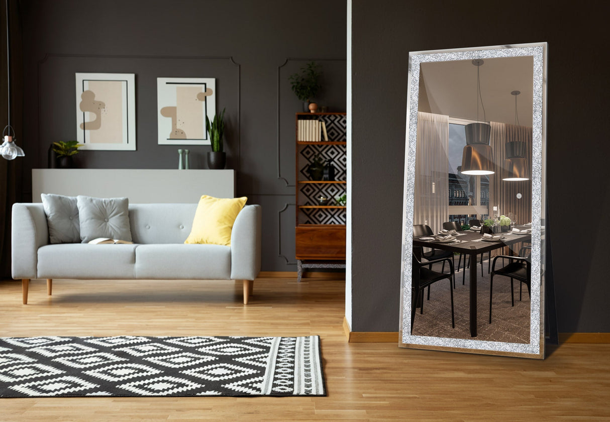 Aria full-length LED floor mirror with crystal accents and integrated lighting in a bedroom setting