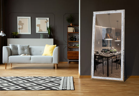Aria full-length LED floor mirror with crystal accents and integrated lighting in a bedroom setting