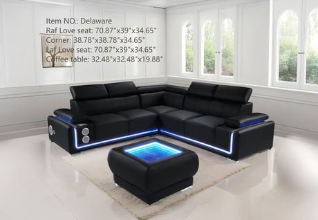 Modern L-shaped Delaware sectional sofa with integrated LED base lighting