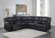 Sleek black leather L-shaped manual reclining sectional sofa with integrated cup holders for modern home theater seating.