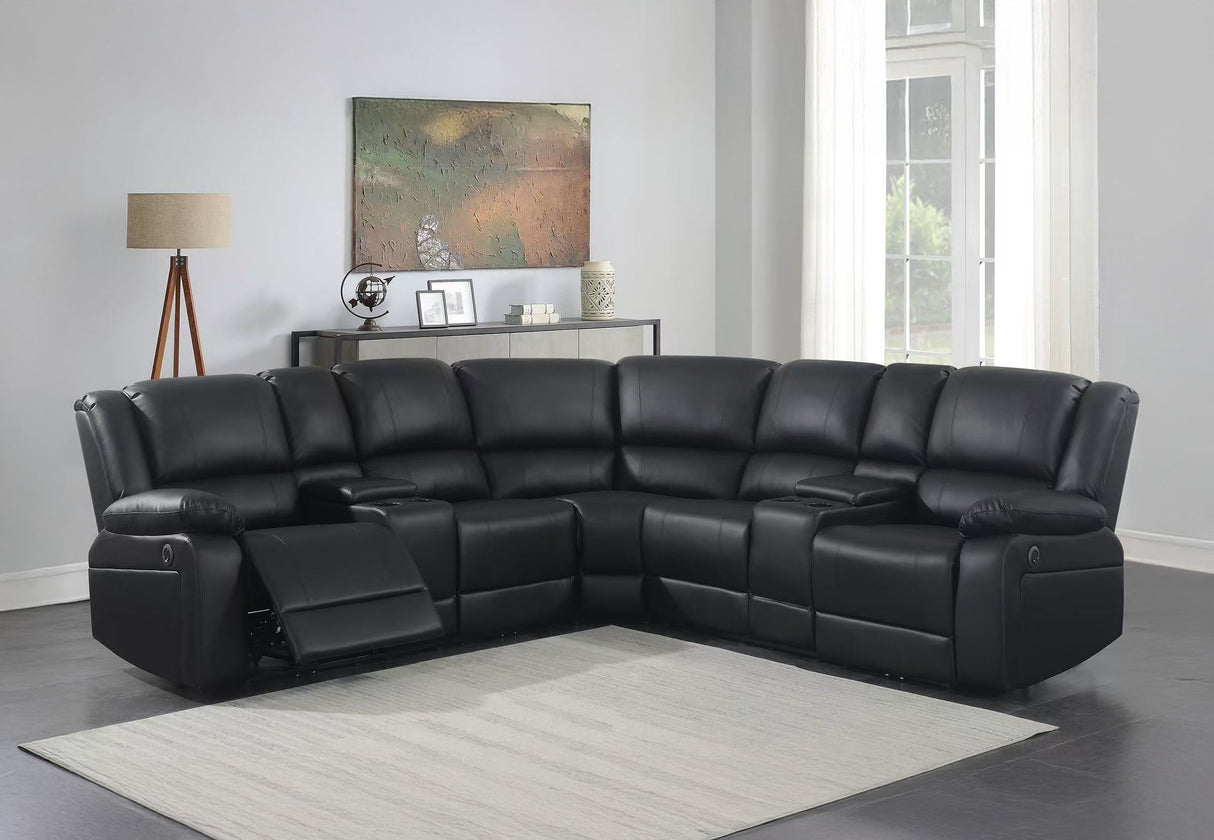 Sleek black leather L-shaped manual reclining sectional sofa with integrated cup holders for modern home theater seating.
