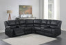 Sleek black leather L-shaped manual reclining sectional sofa with integrated cup holders for modern home theater seating.