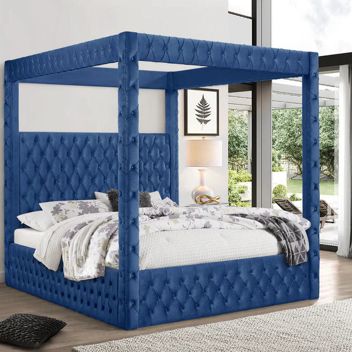 Aya Queen & King Velvet Canopy Bed Deep Tufted Upholstered Platform