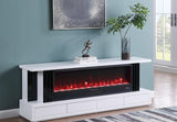 Contemporary matte finish media console featuring an integrated electric fireplace insert.