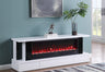 Contemporary matte finish media console featuring an integrated electric fireplace insert.