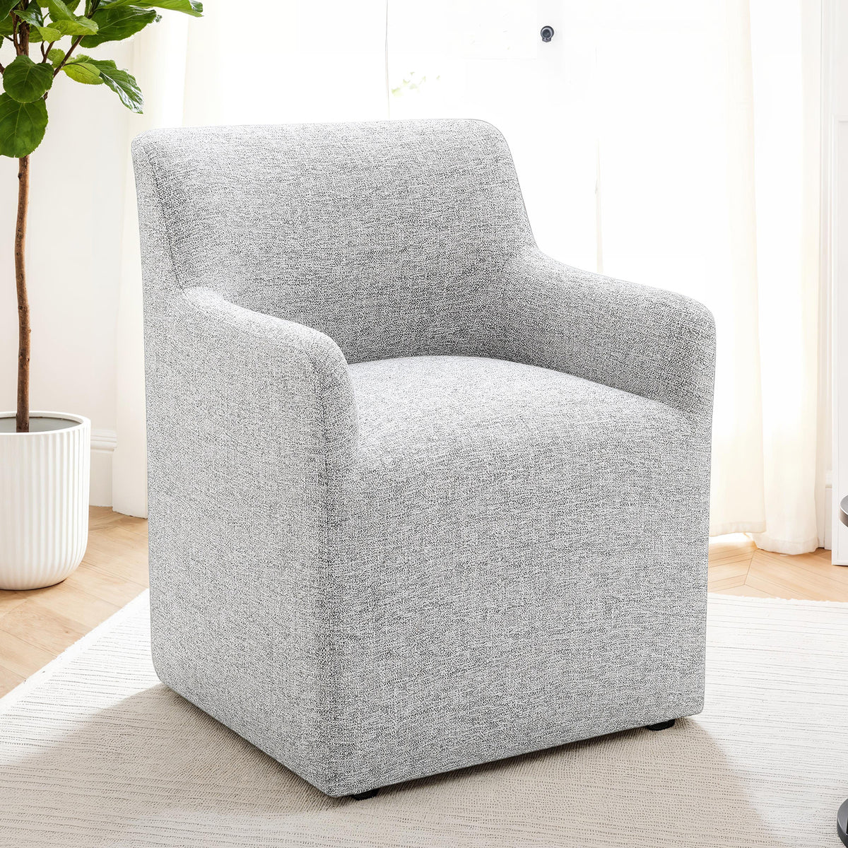 Fico Barrel-Back Upholstered Dining Arm Chair with Casters - Feather Gray