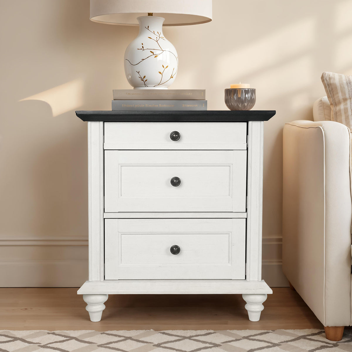 Hyde Traditional 3-Drawer Nightstand with Solid Wood Legs - White/Black
