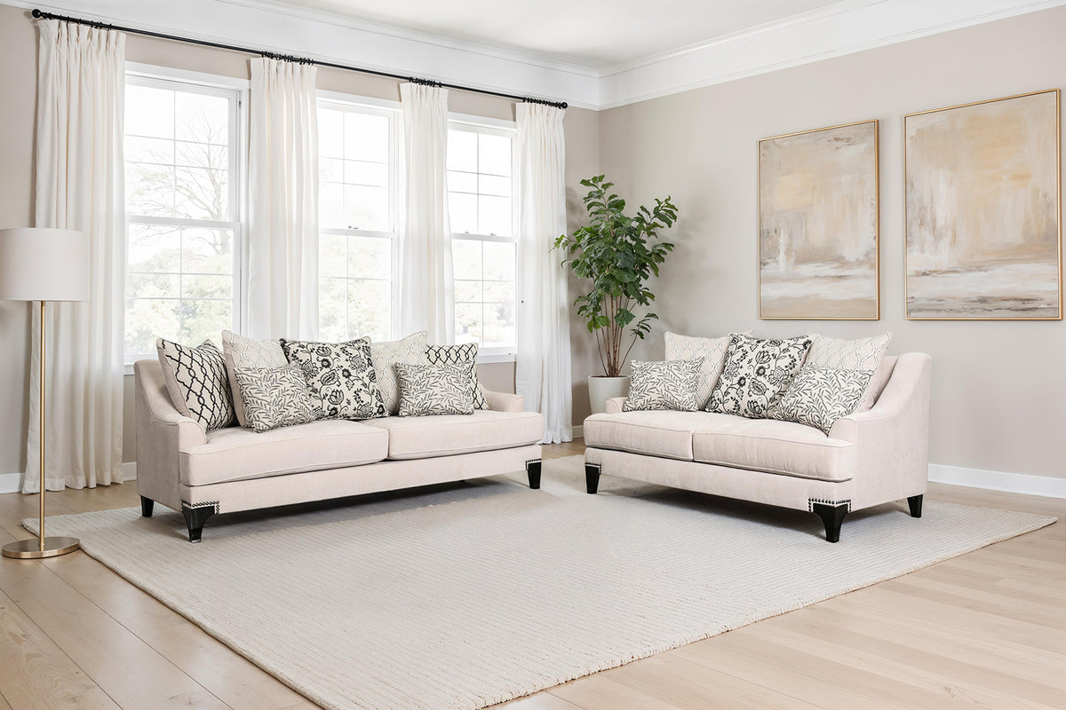 Lowell Transitional Chenille Sofa & Loveseat - Nailhead Wood Legs in Taupe