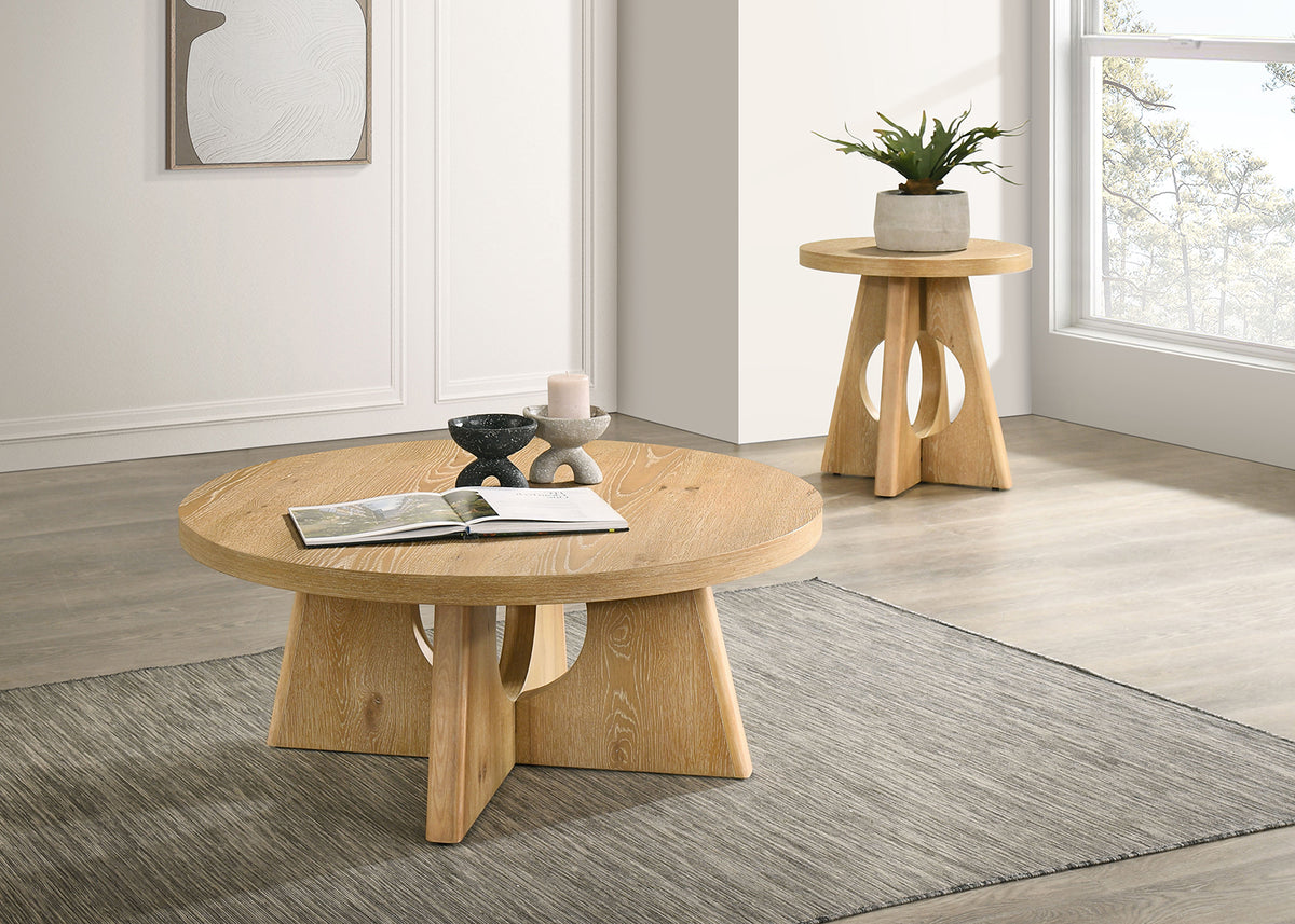 Olgod Round Pedestal Coffee & End Table - Cross Cutout Base in Oak or Walnut
