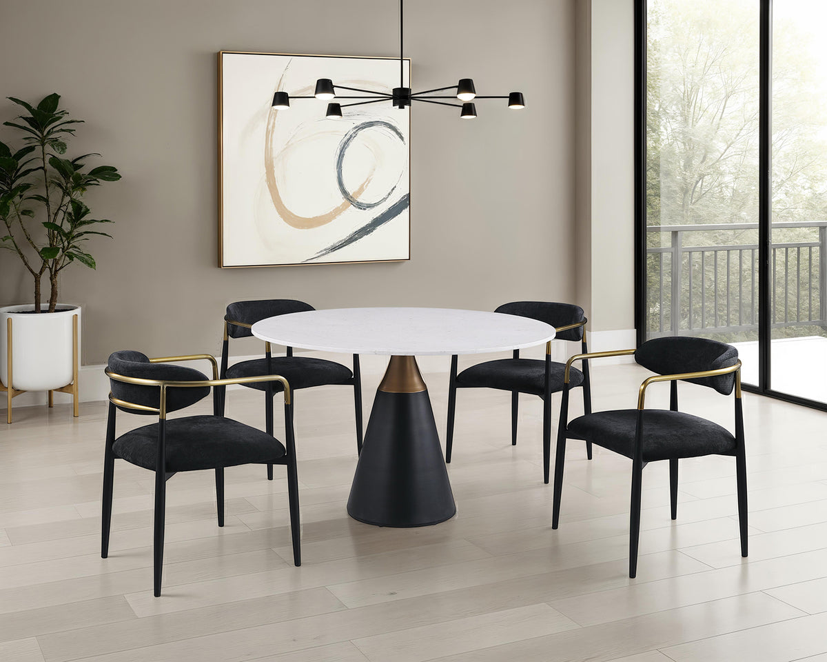 Hobro Round Stone-Top Game & Dining Table Set - 5pcs- Game Table + 4 Black Arm Chairs