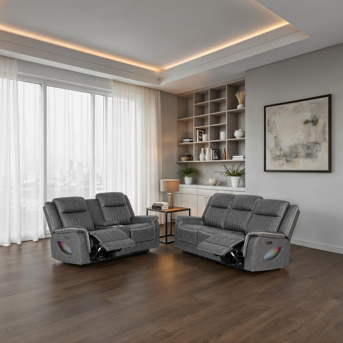 Arturus Transitional Power Reclining Sofa, Loveseat & Recliner - LED Lights & Storage Console