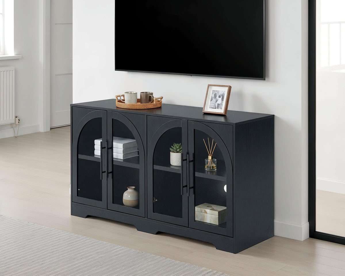Halstead Rustic 55" Console Cabinet with Tempered Glass & Adjustable Shelves - Black