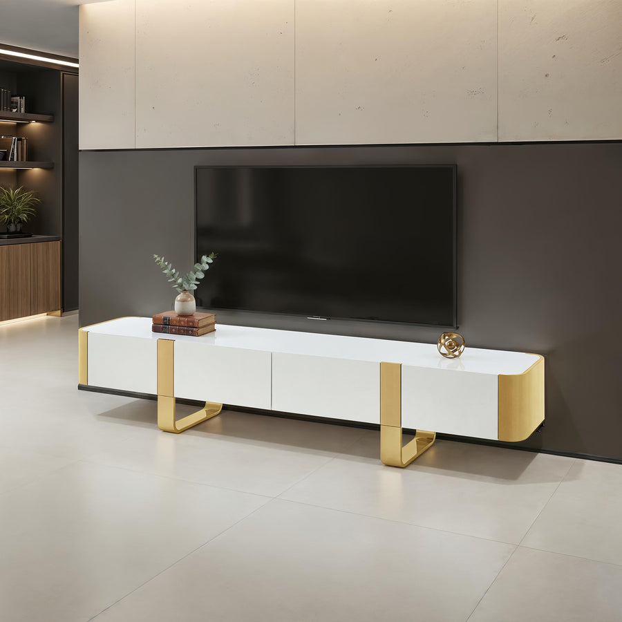 Larvik 79" Contemporary TV Stand - Stainless Steel Frame with Soft-Closing Doors