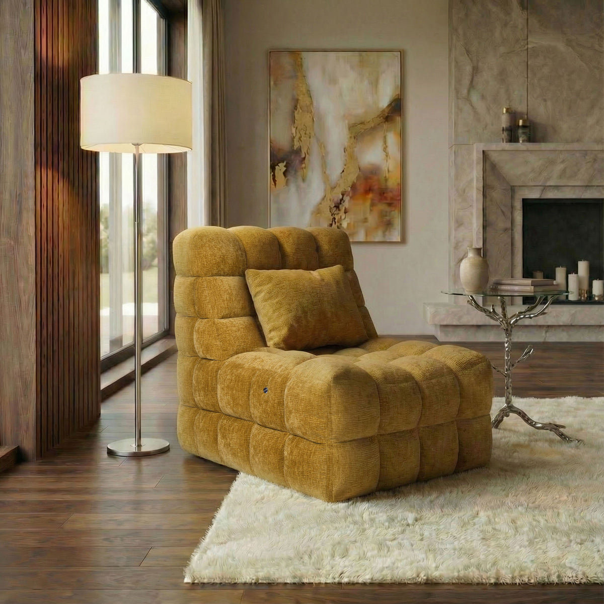 Kamili Biscuit-Tufted Vibrating Massage Lounge Chair - Yellow