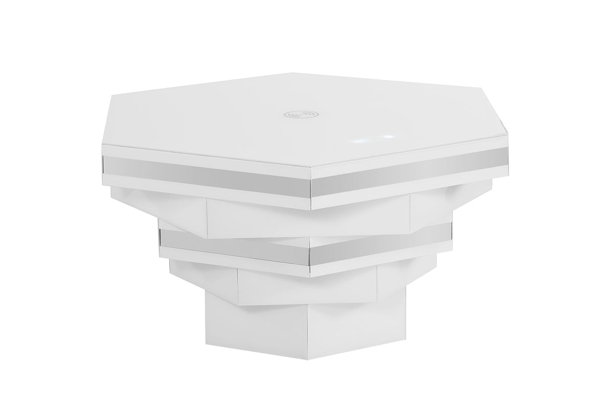 Zeta Hexagon Smart Coffee Table with LED Lights, Bluetooth Speaker & Wireless Charging – White, view 2