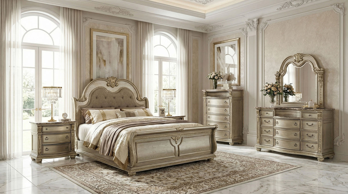 Fromberg Traditional Sleigh Bed & Bedroom Set with Marble Tops – Gold Champagne, view 2