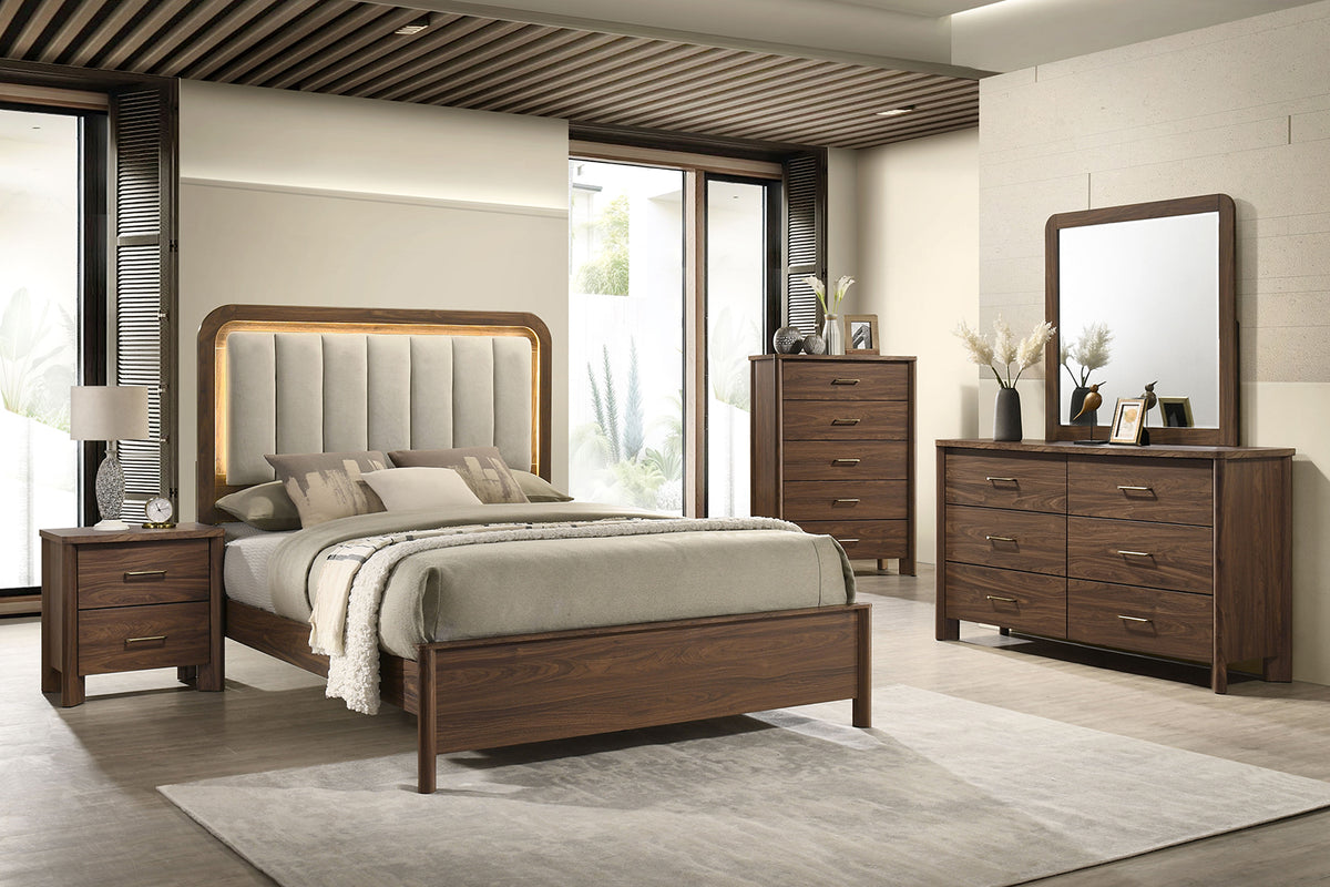 Hayward Mid-Century Modern Bedroom Collection - LED Channeled Headboard Bed, Dresser, Chest & USB Nightstand in Walnut