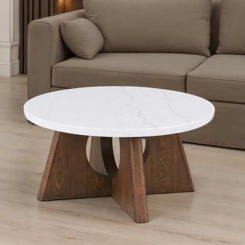 Lemvig Organic Modern Genuine Marble Coffee & End Table - Cross-Cut Pedestal in White/Brown Oak