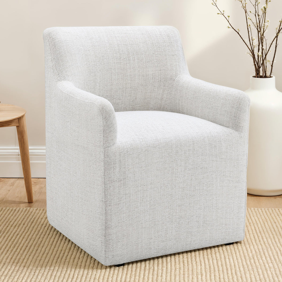 Fico Barrel-Back Upholstered Dining Arm Chair with Casters - Pristine White