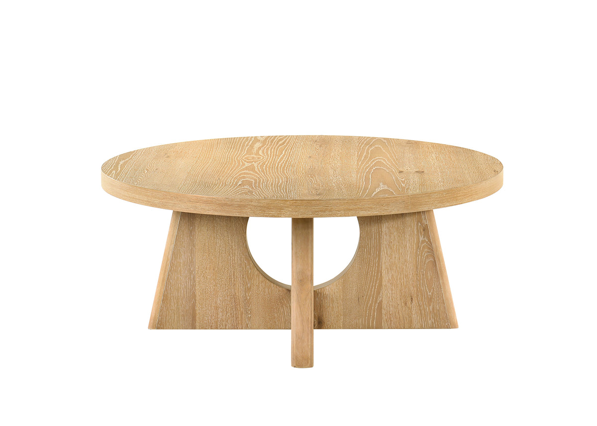 Olgod Round Pedestal Coffee & End Table - Cross Cutout Base in Oak or Walnut